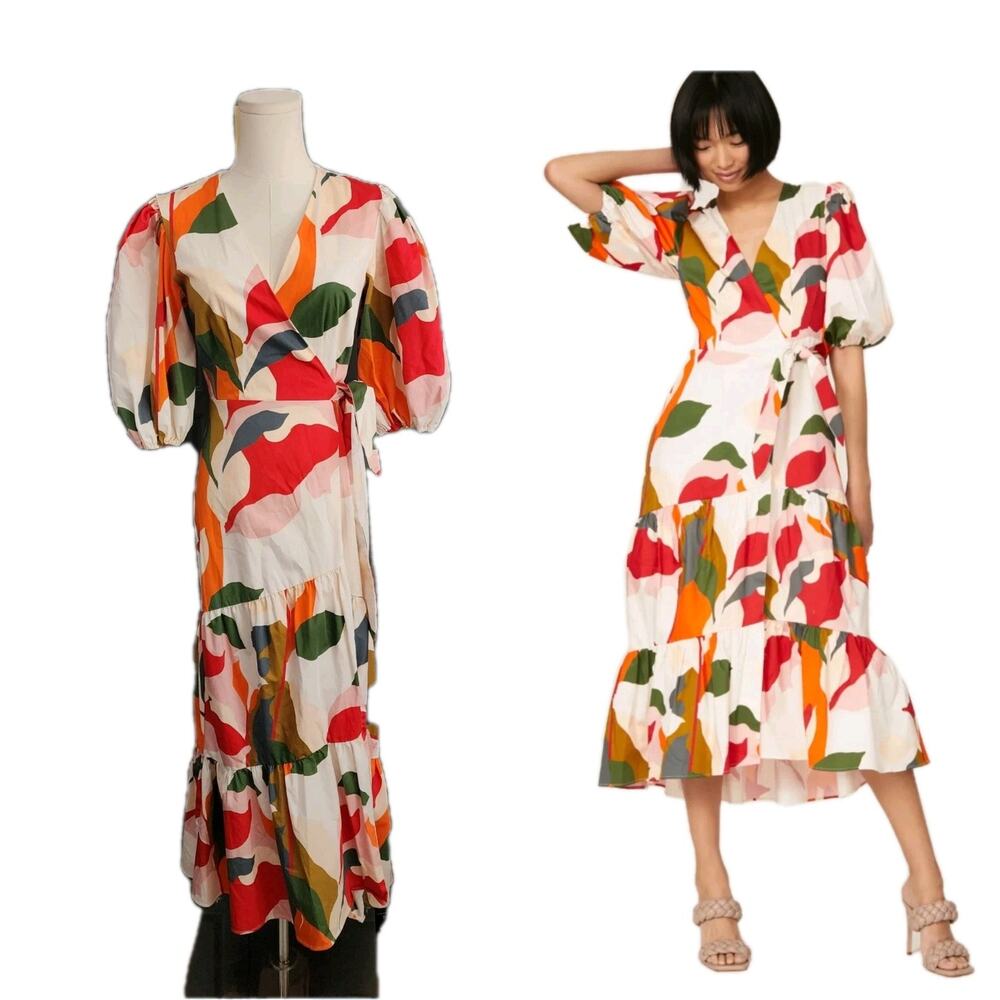 Hutch Womens Marisol Wrap Dress Tiered Puff Sleeve Midi Cotton Dress Size Small